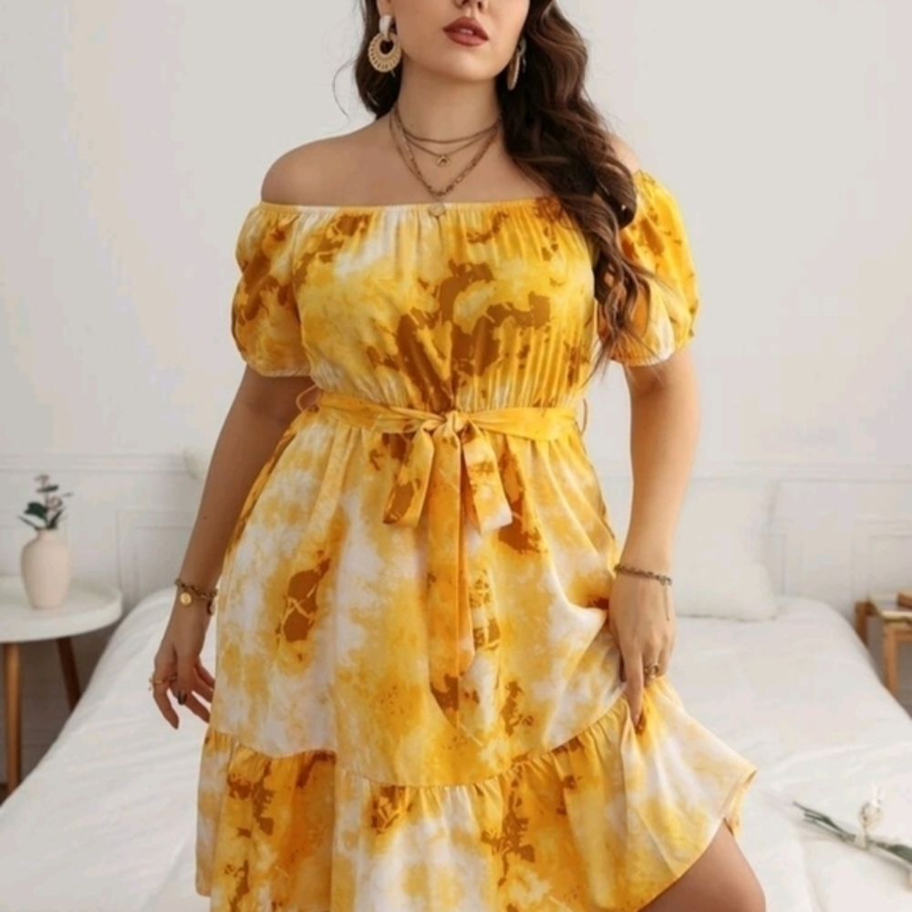 Off the Shoulder Ruffle‎ Hem Belted Dress